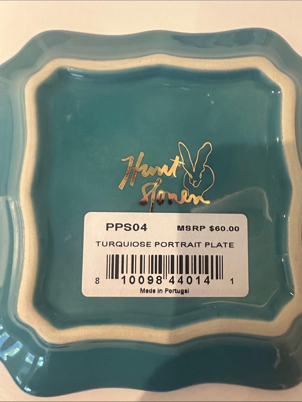 Hunt Slonem whimsical bunny, teal dish trimmed in gold. - Picture 2 of 2